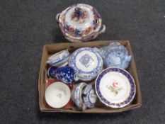 A box of china, antique tureens, wall plates,