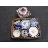 A box of china, antique tureens, wall plates,