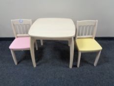 A child's dining table and two chairs