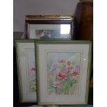 A box of pair of framed Dewhurst watercolours of flowers and two further prints