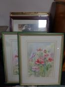 A box of pair of framed Dewhurst watercolours of flowers and two further prints