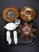 A tray of assorted glass ware to include carnival glass bowls, table lighter,
