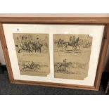 A pair of monochrome prints depicting horse racing