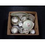 A box of assorted china to include Royal Cauldon Victoria twin handled teacups and saucers J & G