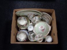 A box of assorted china to include Royal Cauldon Victoria twin handled teacups and saucers J & G