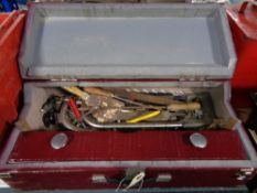 A 20th century painted joiners toolbox of assorted hand tools