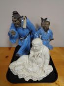 A tray of Chinese warrior figures and a men reclining CONDITION REPORT: Loss to