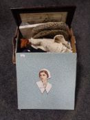 A box of table linen, gloves, purses,