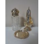 A Danish silver pin tray together with a cut glass silver topped sugar caster and one further sugar