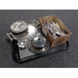 A tray of plated wares, cased and other cutlery,