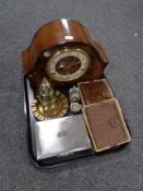 A tray of Anvil walnut cased mantle clock, plated sugar sifter,