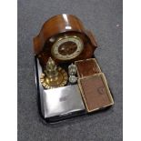 A tray of Anvil walnut cased mantle clock, plated sugar sifter,