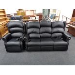 A black leather three seater electric reclining settee and matching armchair (Vendor has receipts