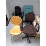 A pair of beech chairs on metal legs and three swivel office chairs