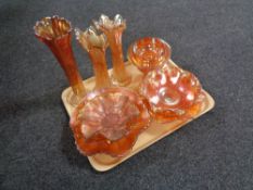 A tray containing ten pieces of carnival glass