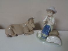 Two Nao figures - shepherd with lambs and long horned cow 20