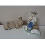 Two Nao figures - shepherd with lambs and long horned cow 20