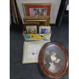 A box of assorted framed pictures and prints - hunting scenes, oil on board of flowers,