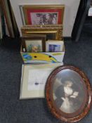 A box of assorted framed pictures and prints - hunting scenes, oil on board of flowers,