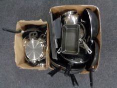 Two boxes of kitchen ware, saucepans, oven trays,