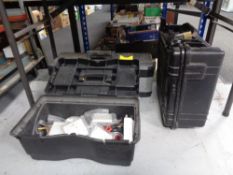 Two plastic tool boxes of hand tools, spool reel,