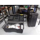 Two plastic tool boxes of hand tools, spool reel,