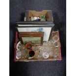 Two boxes of continental figurine, frame prints,