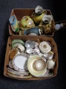 Two boxes of china, transfer printed vase, antique porcelain and gilt vase,