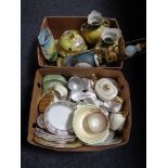 Two boxes of china, transfer printed vase, antique porcelain and gilt vase,