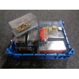 A crate of die cast vehicles, model tank,