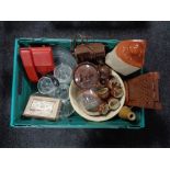 A crate of miscellany to include telephone, stoneware mixing bowls, hot water bottle,