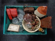 A crate of miscellany to include telephone, stoneware mixing bowls, hot water bottle,