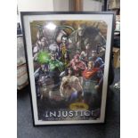 A framed Justice League print together with three further canvases and a Joker print