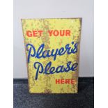 A vintage Get Your Player's Please Here enamel sign.