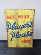 A vintage Get Your Player's Please Here enamel sign.