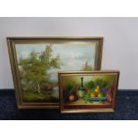 A gilt framed oil on canvas of a bridge over a river signed Percy and a still life oil painting