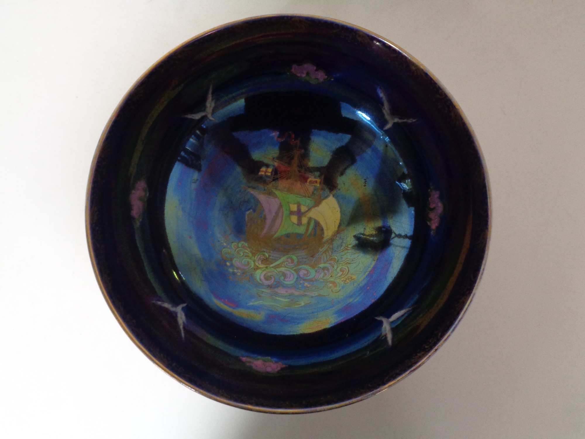 A large Maling lustre bowl modelled with tall ships and birds, - Image 2 of 2