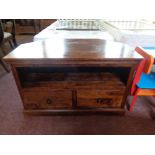 A sheesham wood corner tv stand with two drawers