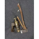 A vintage Pyrene brass fire extinguisher together with a cobbler's last,