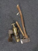 A vintage Pyrene brass fire extinguisher together with a cobbler's last,