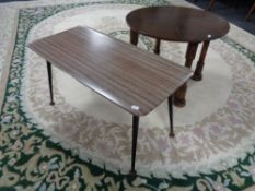 A circular oak Art Deco occasional table and a melamine topped coffee table