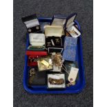 A tray of costume jewellery, necklaces, cufflinks, bracelets, tie pin,