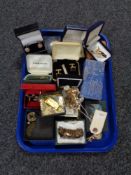 A tray of costume jewellery, necklaces, cufflinks, bracelets, tie pin,