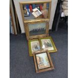 A gilt framed mirror, two book plates in cushion frames,