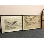 A Japanese painting on rice paper depicting warriors, 43cm by 63cm,
