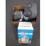 A box of Krups coffee maker, Kenwood toaster,
