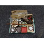 A box of miscellany to include costume jewellery, cased pocket watch, swagger stick,