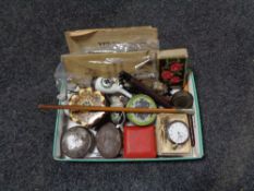 A box of miscellany to include costume jewellery, cased pocket watch, swagger stick,