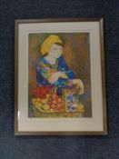 A framed signed limited edition picture of a girl with a basket of flowers