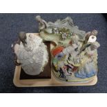 A tray of continental flower encrusted vase, pottery figure group of chess players,